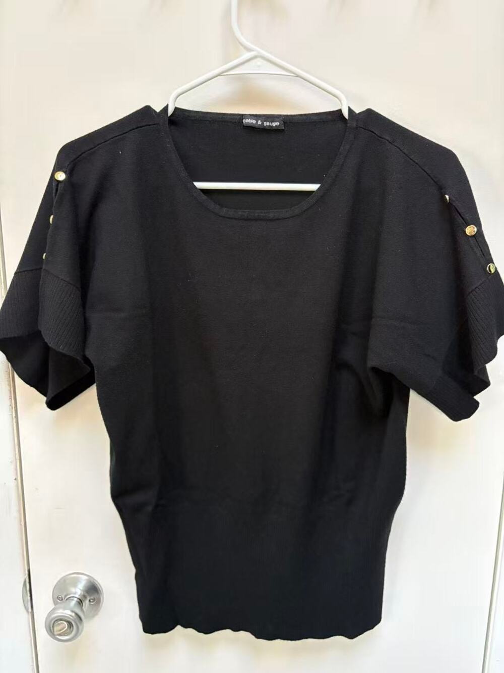 Cable & Gauge Black Dolman Sleeve Knit Top Blouson Waist Short Sleeve Sweater L